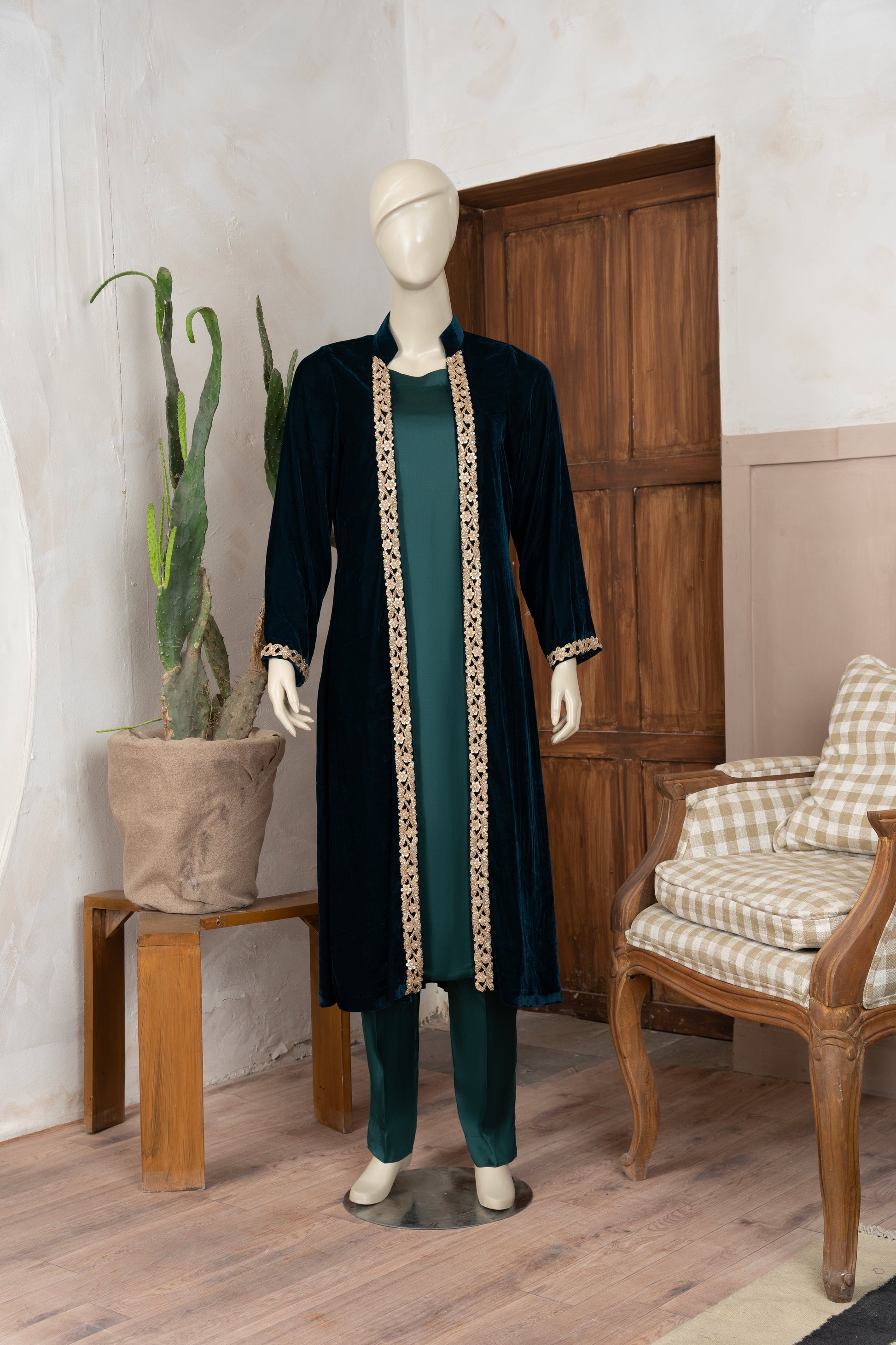 Sea Green Velvet Gown - Front Pose