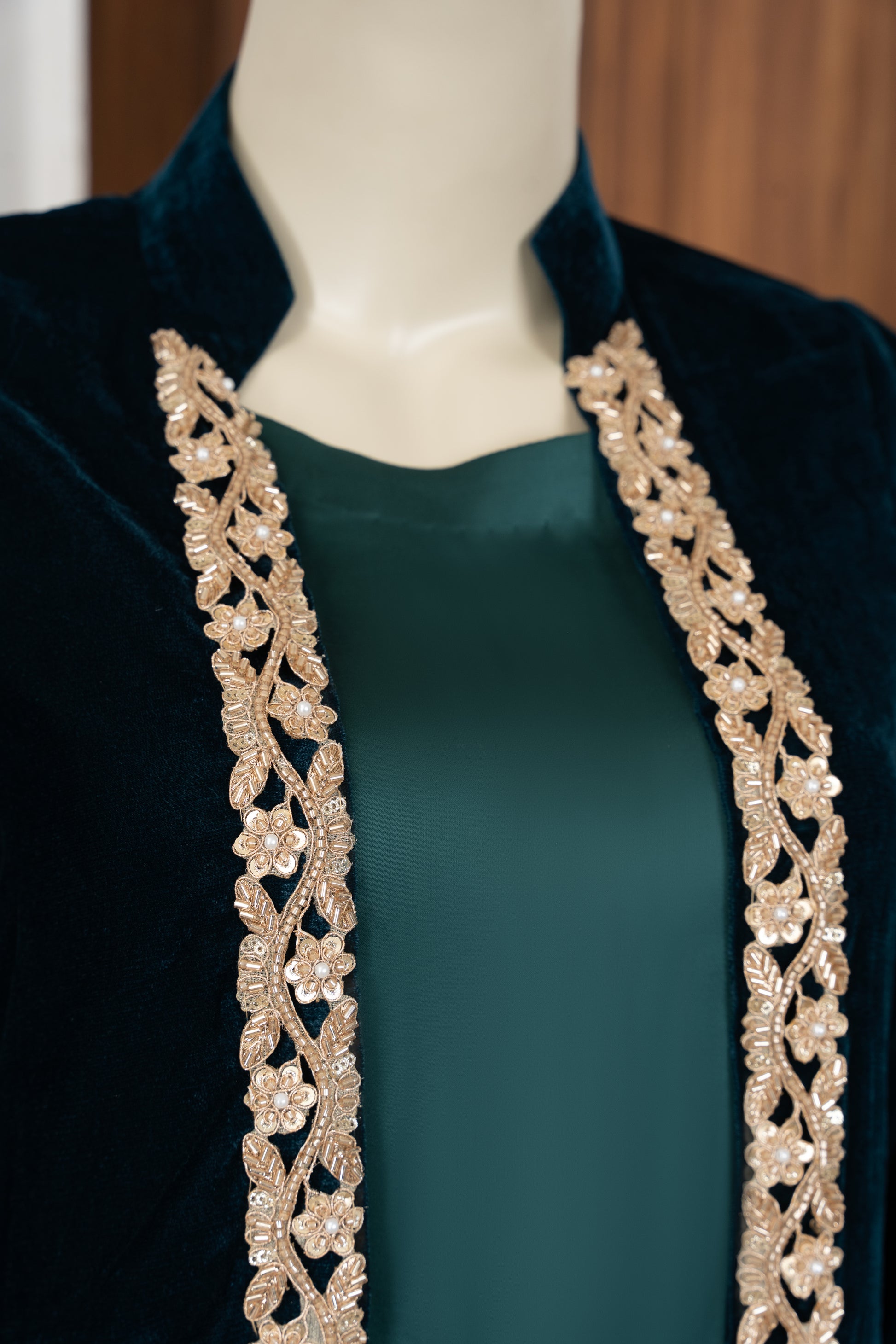 Sea Green Velvet Gown - Close Up Neck