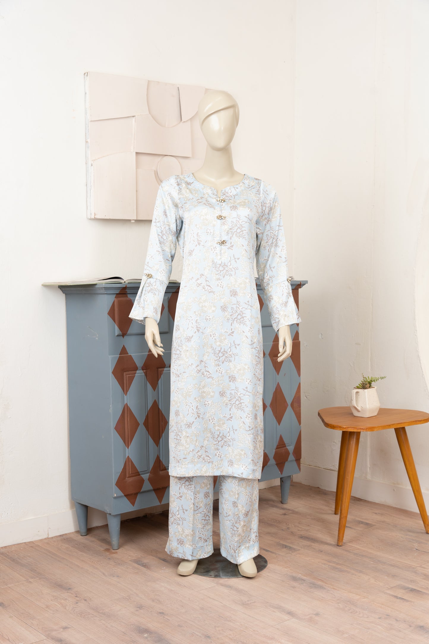 Sky Blue Printed Silk Suit - Front Pose