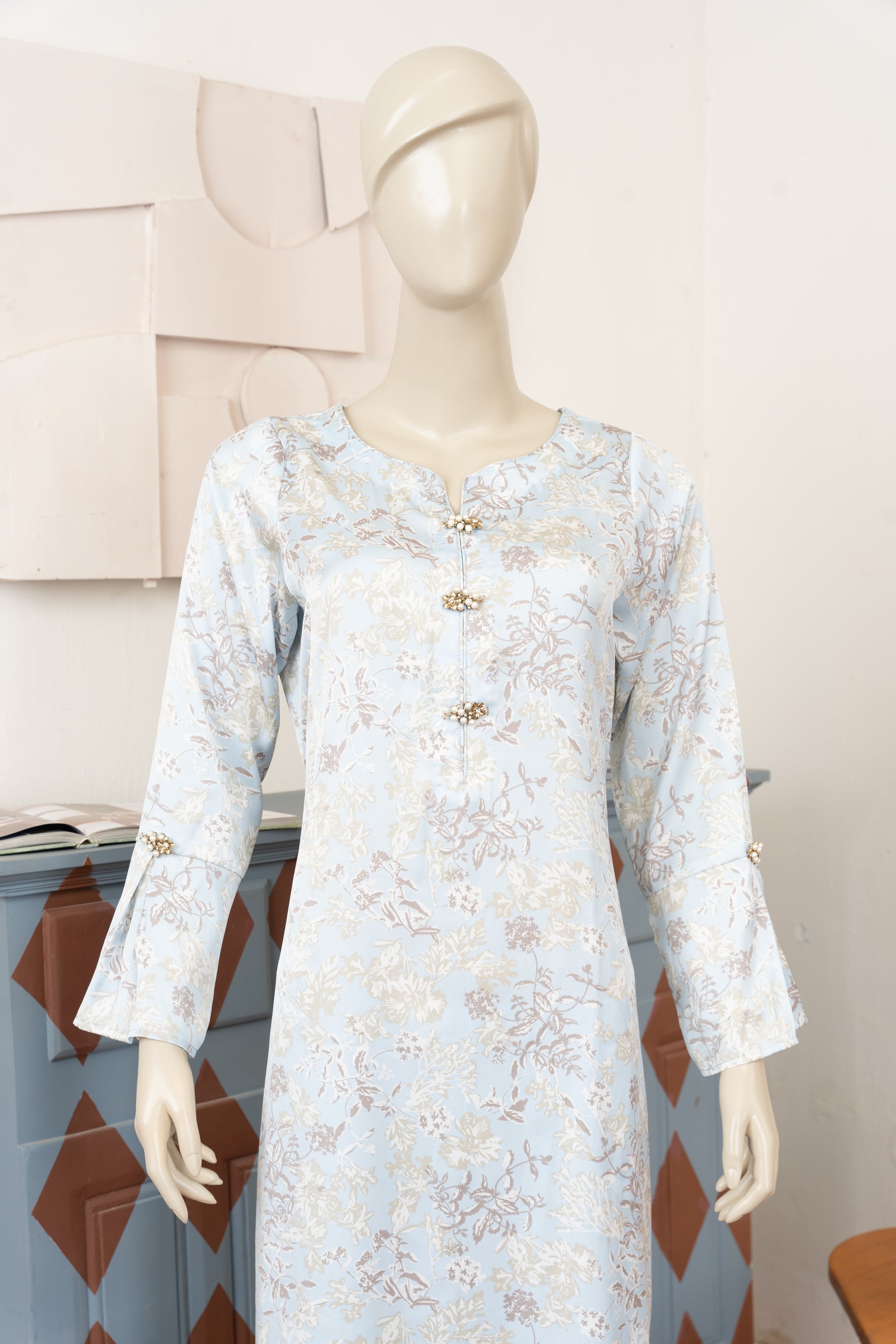 Sky Blue Printed Silk Suit - Close Up Three Quarter