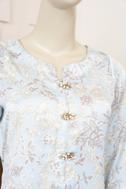 Sky Blue Printed Silk Suit - Close Up Neck