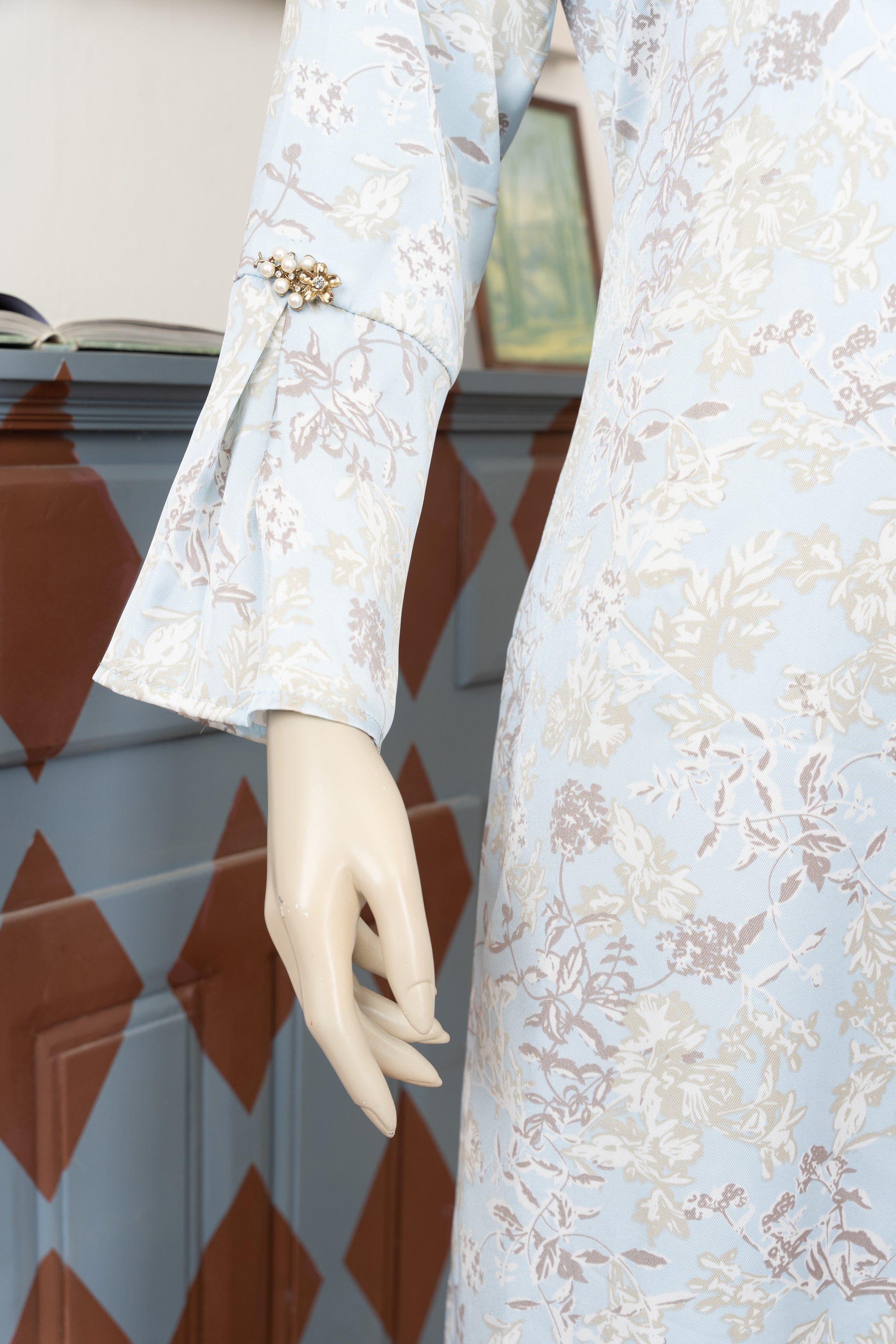 Sky Blue Printed Silk Suit - Close Up Sleeve