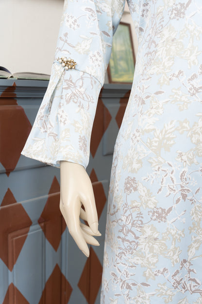 Sky Blue Printed Silk Suit - Close Up Sleeve