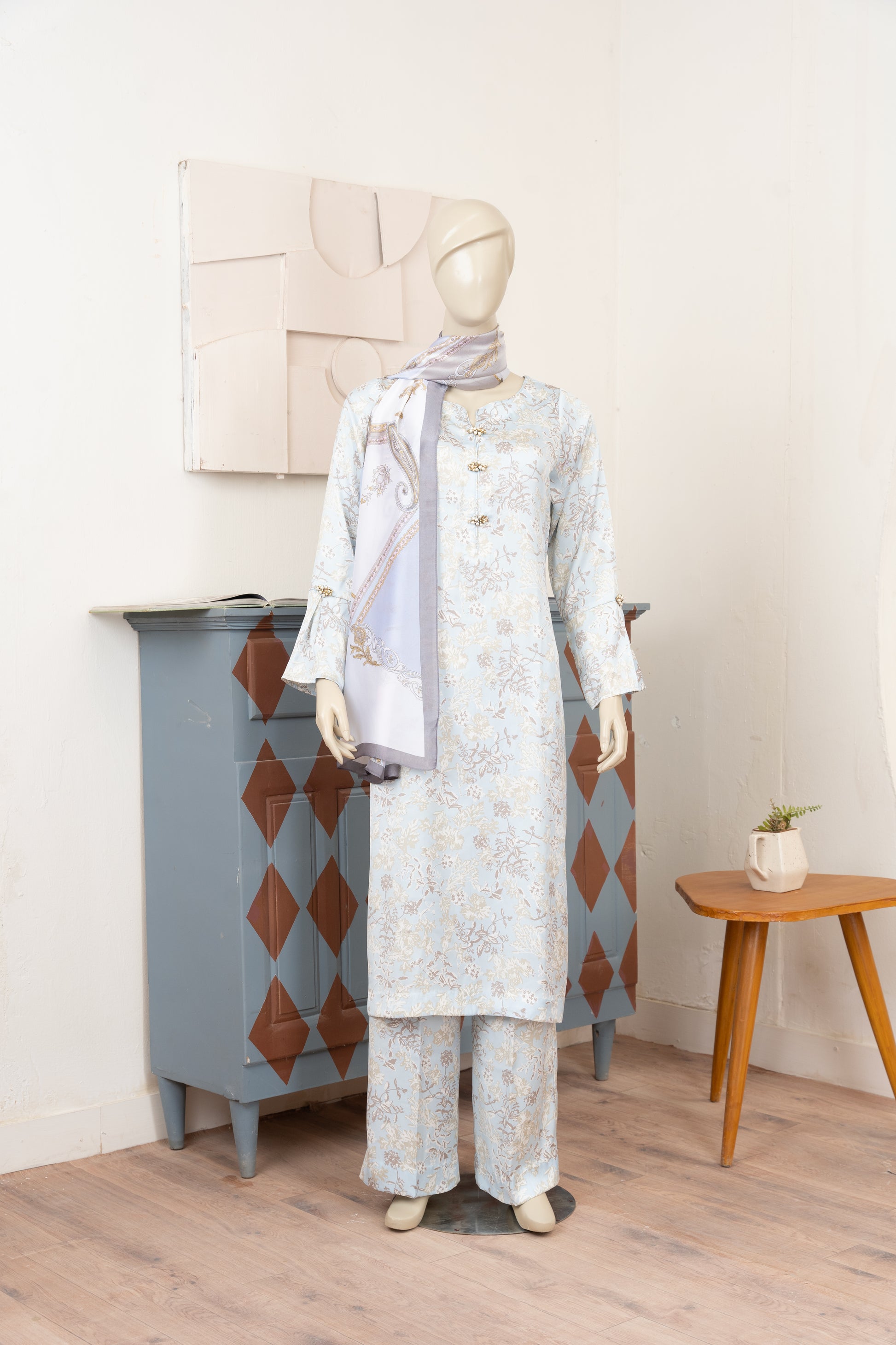 Sky Blue Printed Silk Suit with Scarf - Front Pose