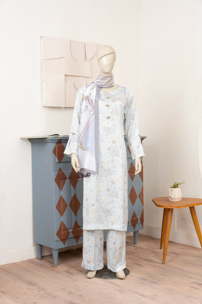Sky Blue Printed Silk Suit with Scarf - Front Pose