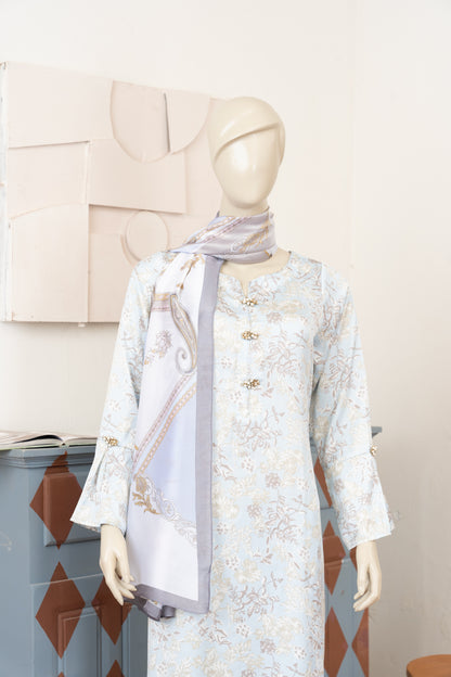 Sky Blue Printed Silk Suit with Scarf - Close Up Three Quarter