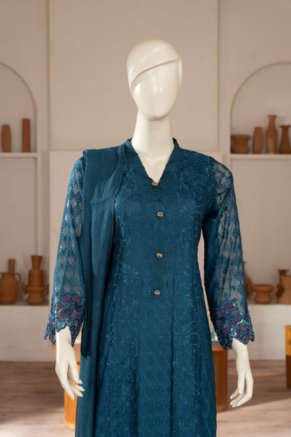 Teal Blue Embroidered Cotton Net Suit - Close Up Upper Half