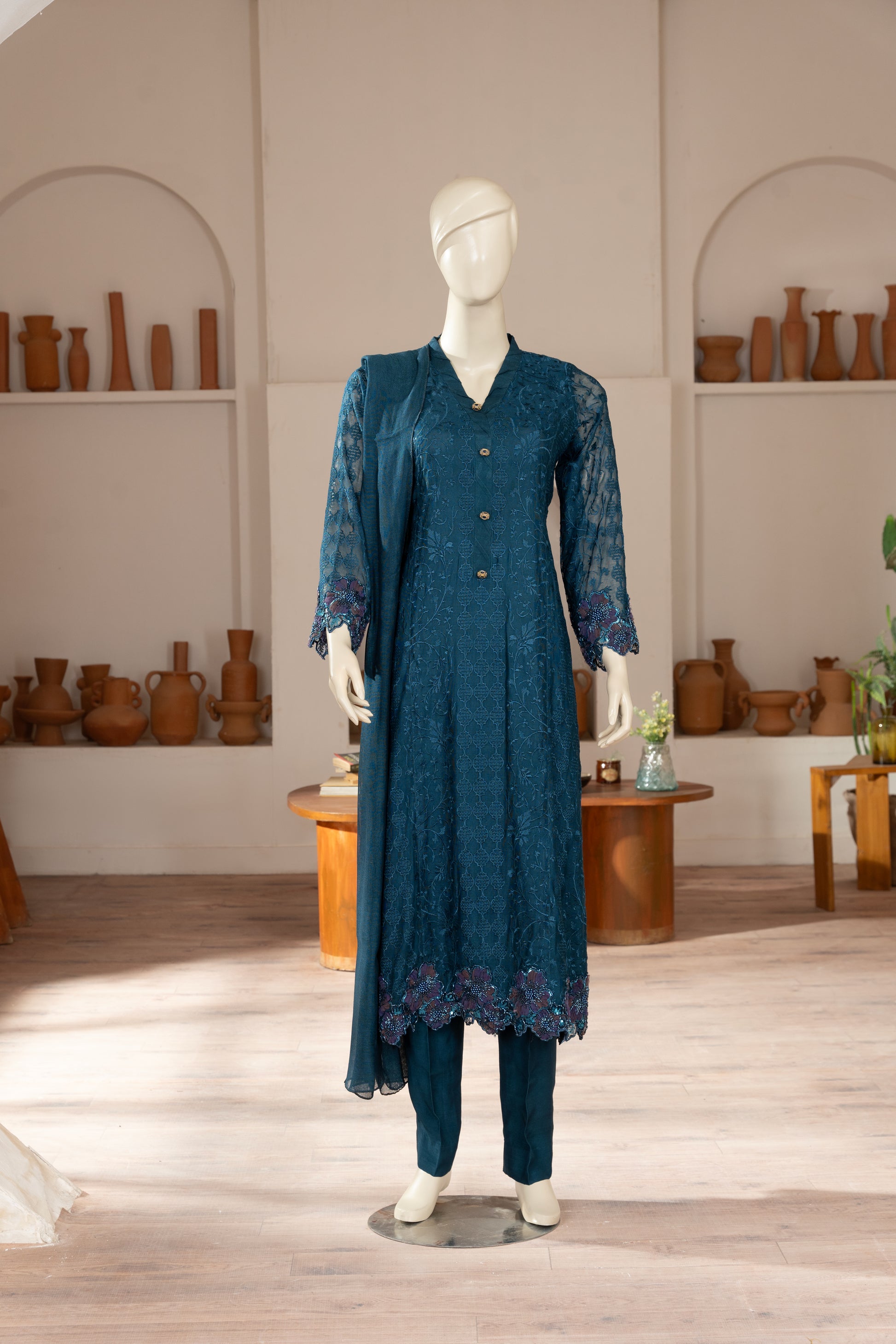 Teal Blue Embroidered Cotton Net Suit - Front Pose