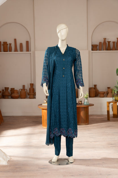 Teal Blue Embroidered Cotton Net Suit - Front Pose