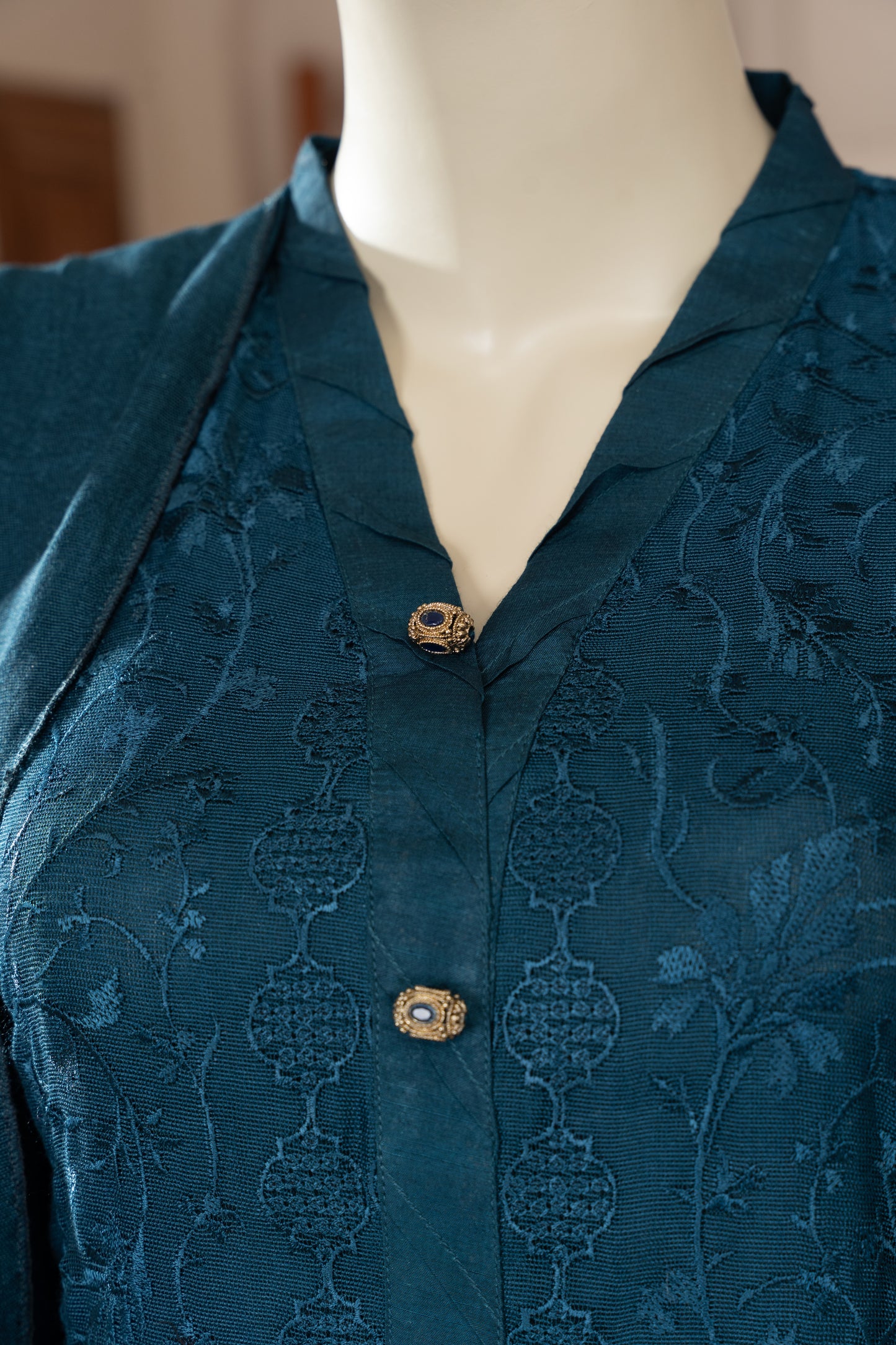 Teal Blue Embroidered Cotton Net Suit - Close Up Neck