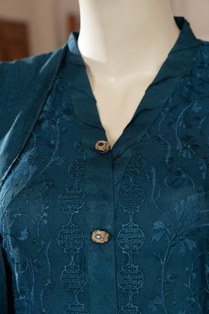 Teal Blue Embroidered Cotton Net Suit - Close Up Neck
